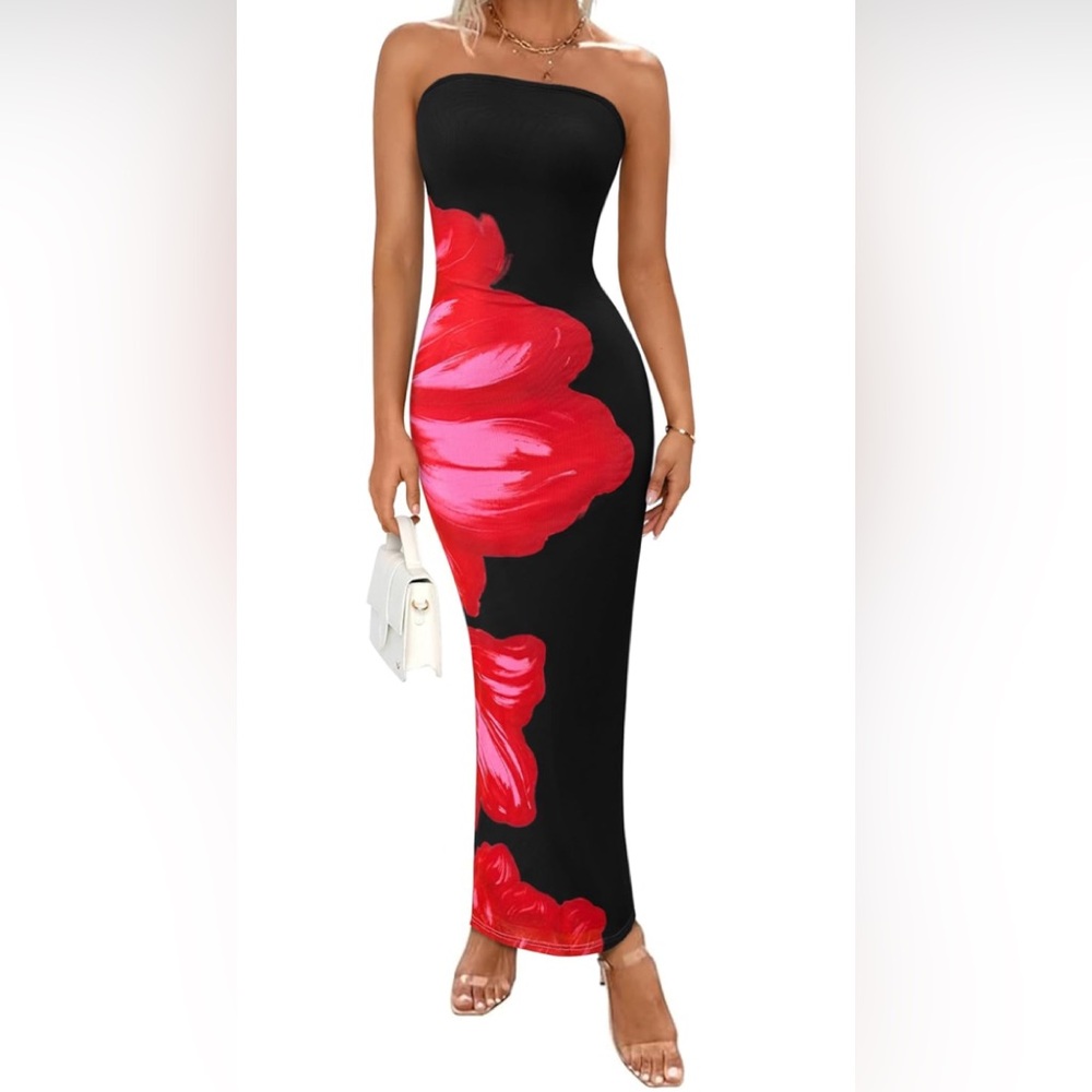 Gorgeous - Strapless Black Dress with Red Floral Design